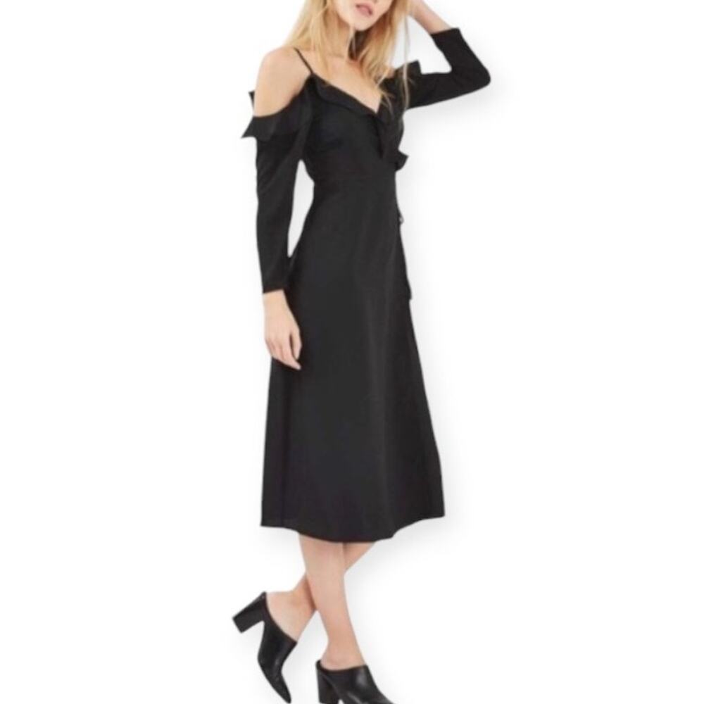 Topshop Midi Wrap Dress Cold Shoulder Ruffles Long Sleeve Black US Size 6
